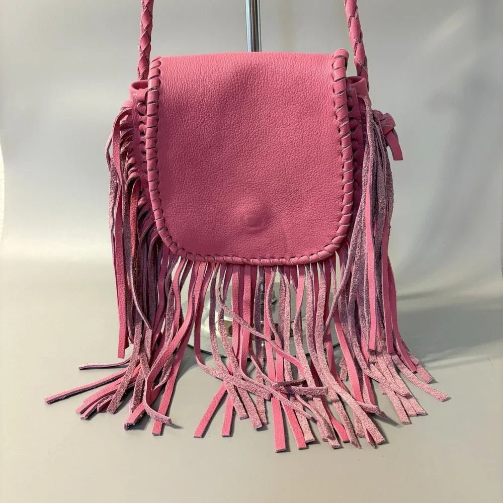 Jennifer Haley Purse Leather Fringe Shoulder Bag Pink Braided Strap Western Chic